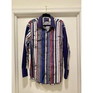 Vtg Wrangler Pearl Snap Men’s 17.5 XL Vertical Stripe 90s Cowboy Western Rodeo